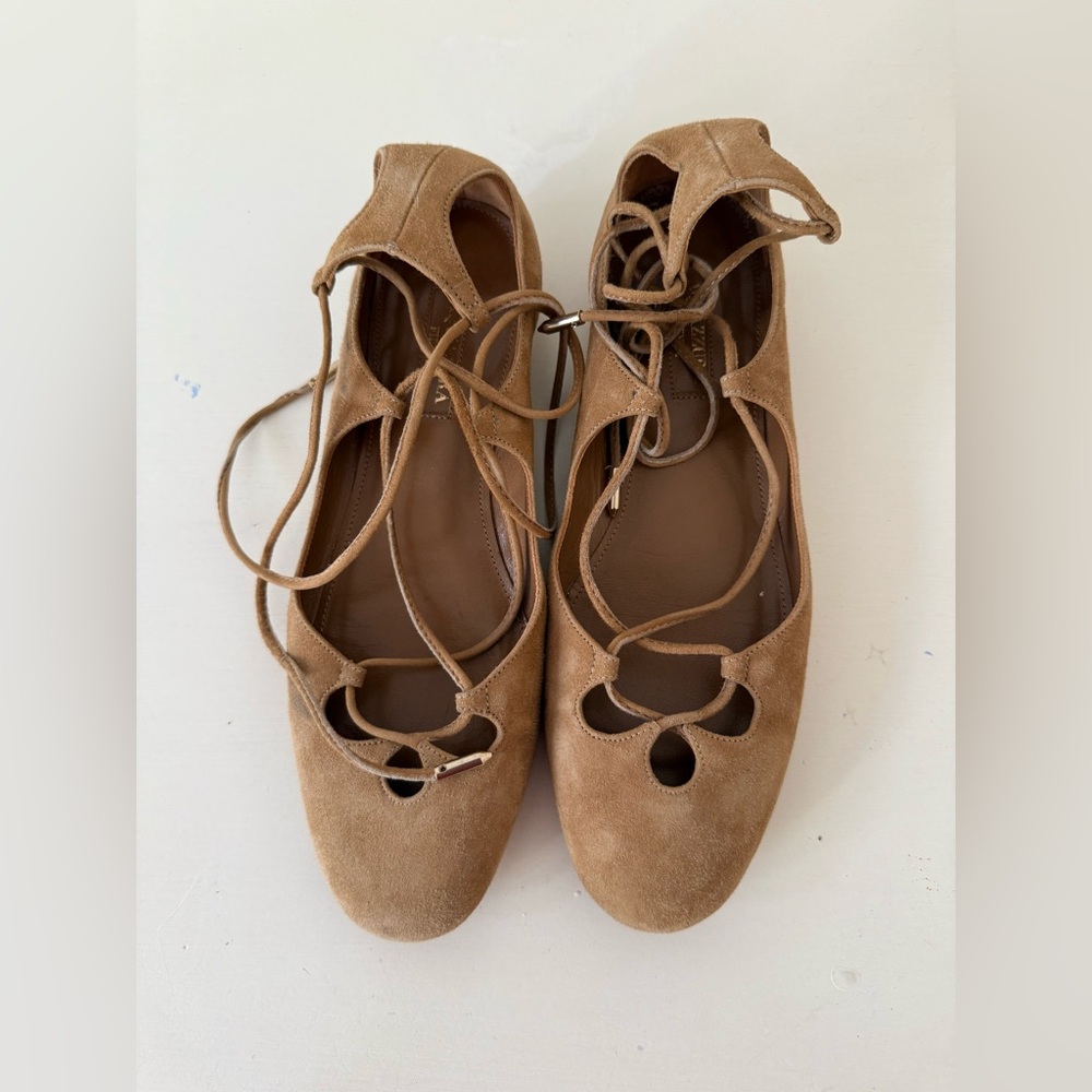 Aquazzura Tan Lace-Up Flats